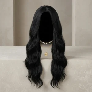 Long Wavy Black Hair Wig With Center Parting
