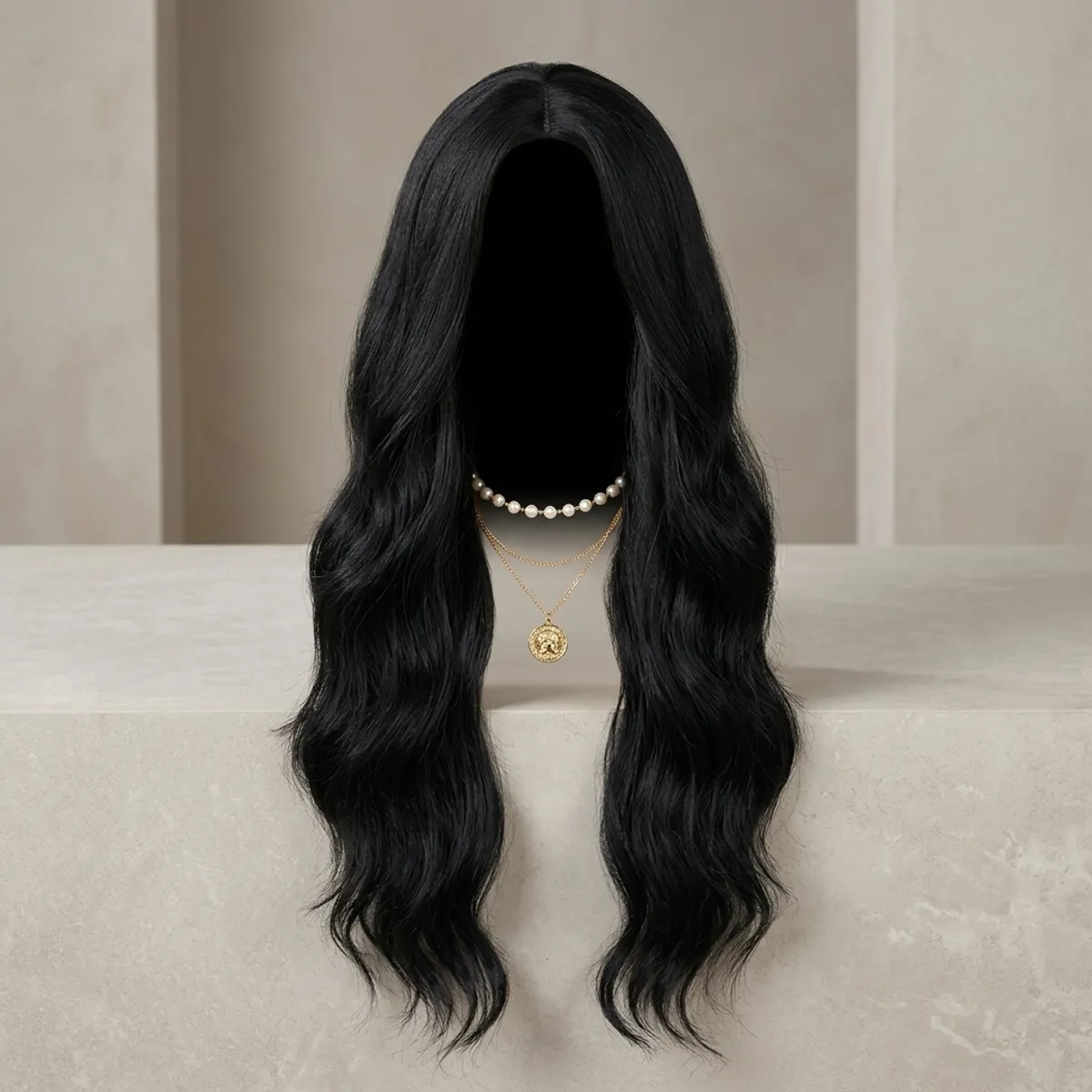 Long Wavy Black Hair Wig With Center Parting
